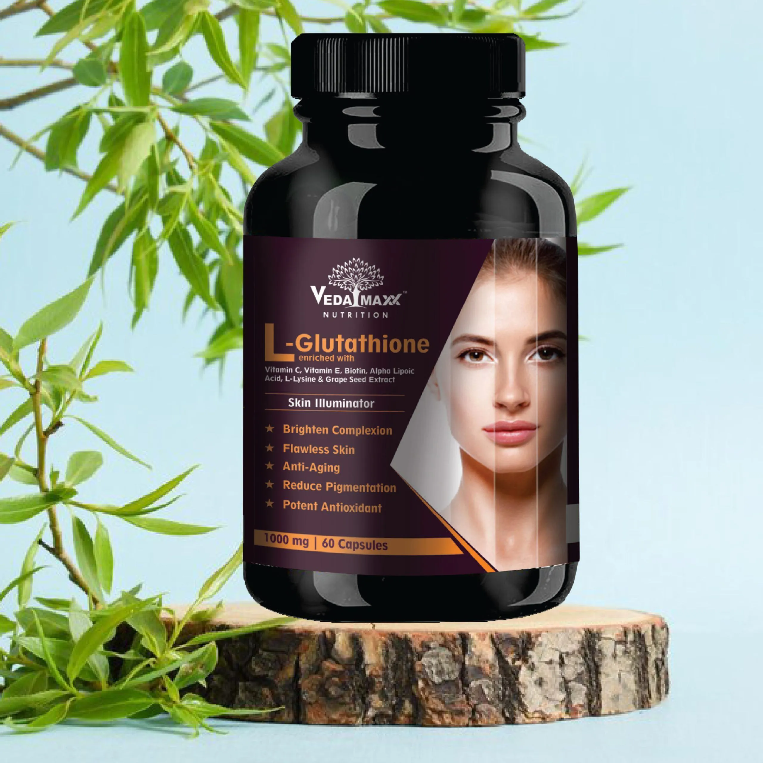 VEDAMAXX L- Glutathione Reduced | 60 Capsules | Vitamin C Vitamin E & Grapeseed Extract | Hair | Nail | Skin