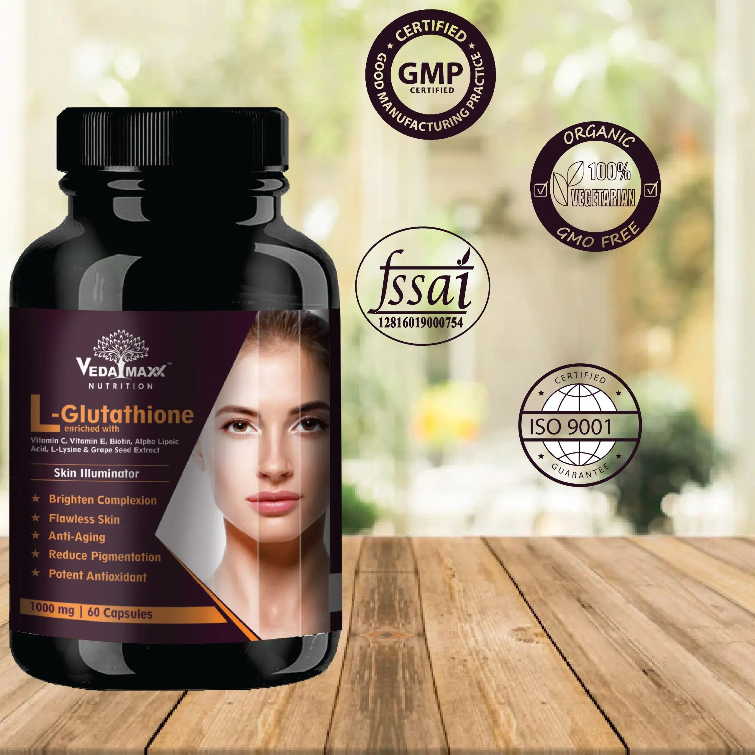 VEDAMAXX L- Glutathione Reduced | 60 Capsules | Vitamin C Vitamin E & Grapeseed Extract | Hair | Nail | Skin - Image 4
