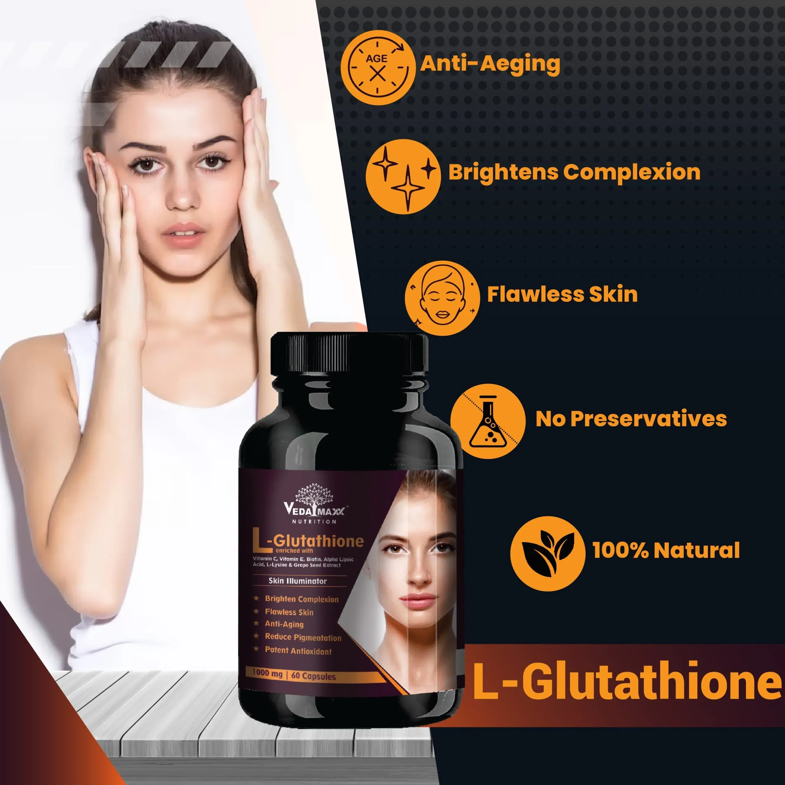 VEDAMAXX L- Glutathione Reduced | 60 Capsules | Vitamin C Vitamin E & Grapeseed Extract | Hair | Nail | Skin - Image 2